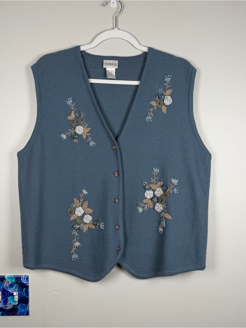 Vintage Blue Koret 100% Wool Cottagecore Sweater Floral Vest Medium Fall